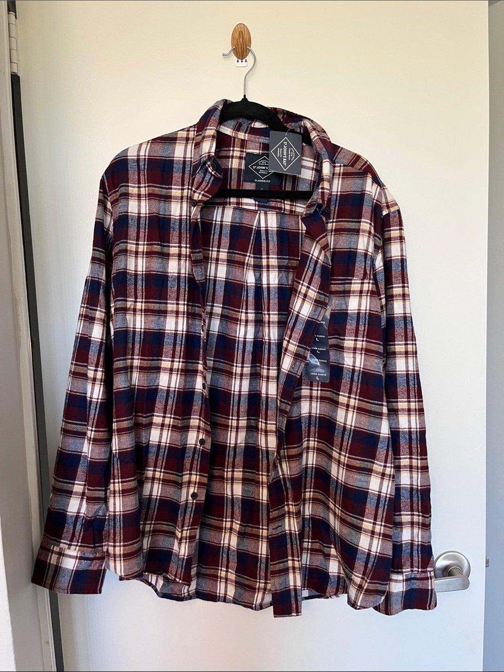St. John's Bay Burgundy, Navy & Cream Plaid Shirt